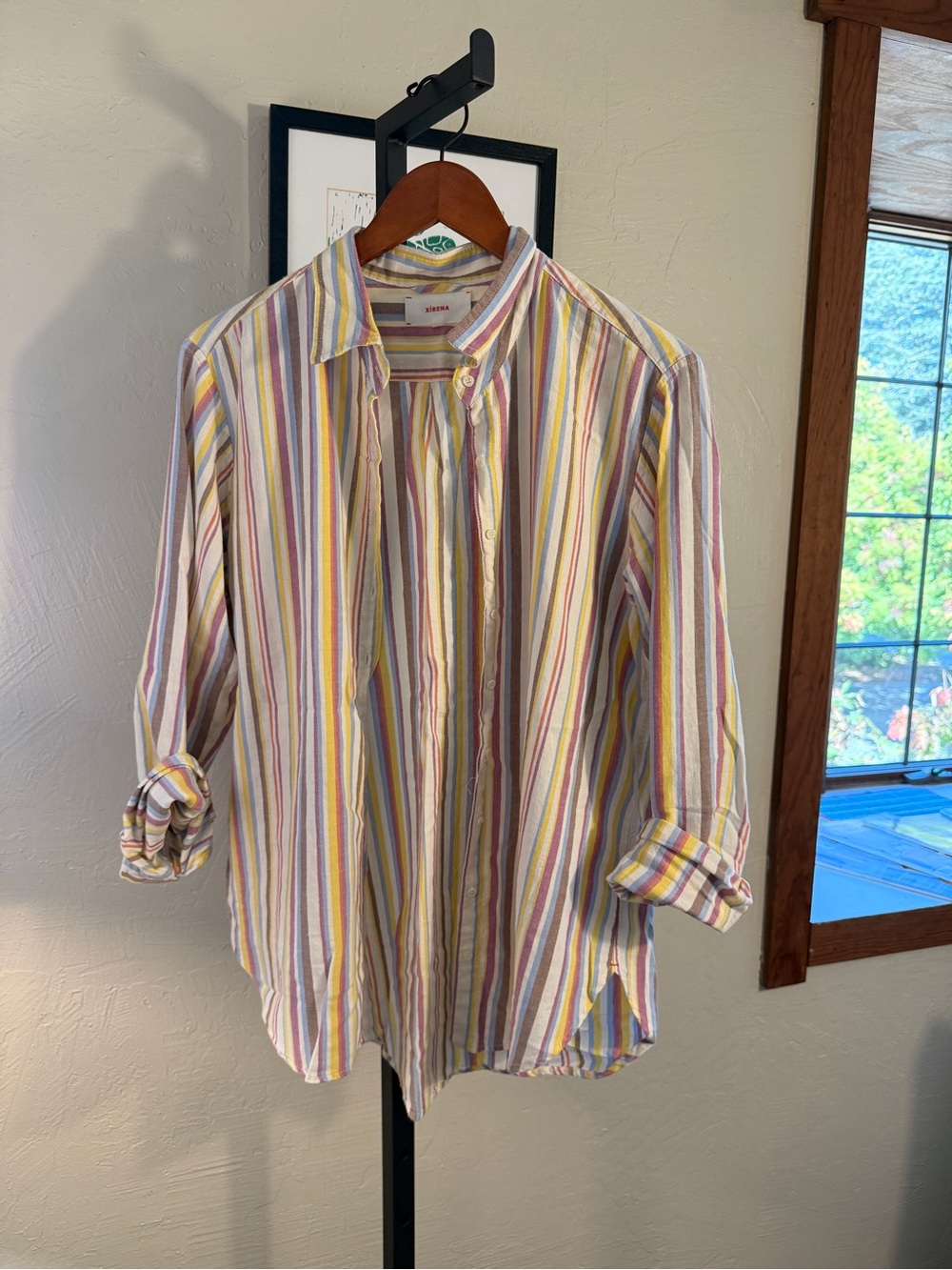 XiRENA Vertical Stripe Button-Down Shirt — Yellow Blue Purple - Women’s Small